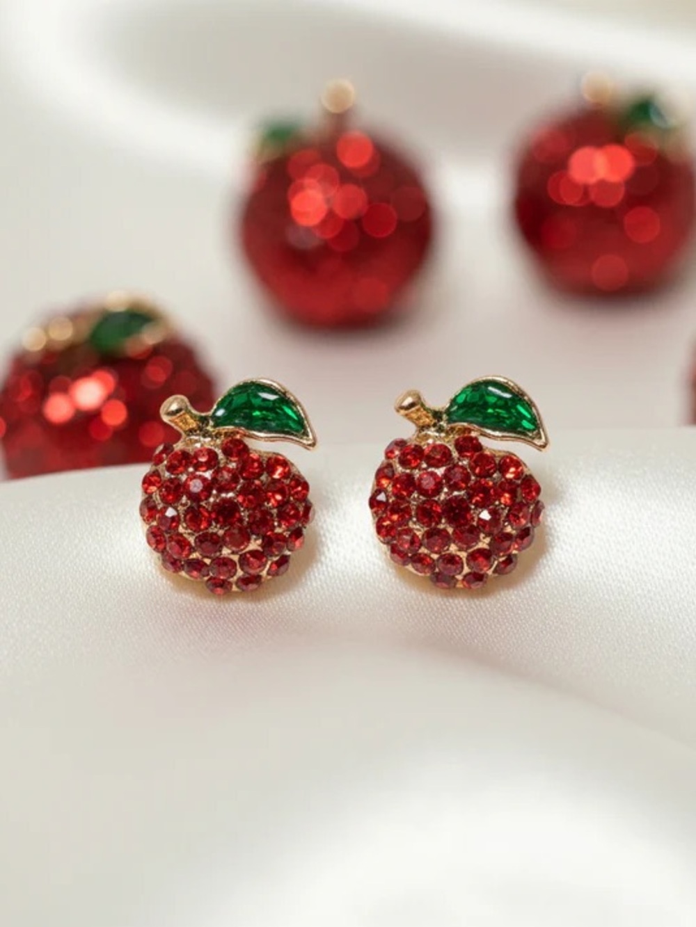 Red Crystal Apple Stud Earrings with Green Enamel Leaf